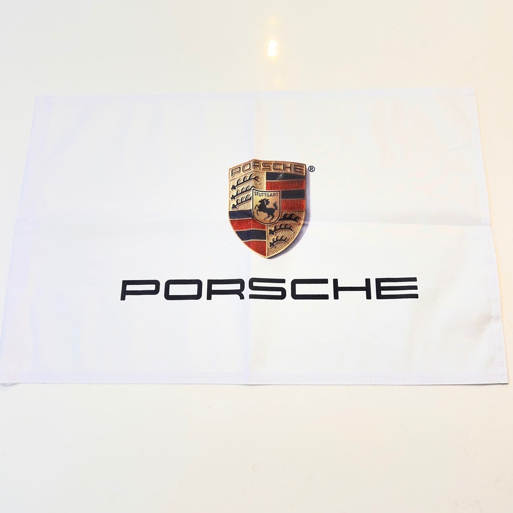 Porsche Crest Logo White Flag Stuttgart Automotive Garage Decor 19.5x12.5